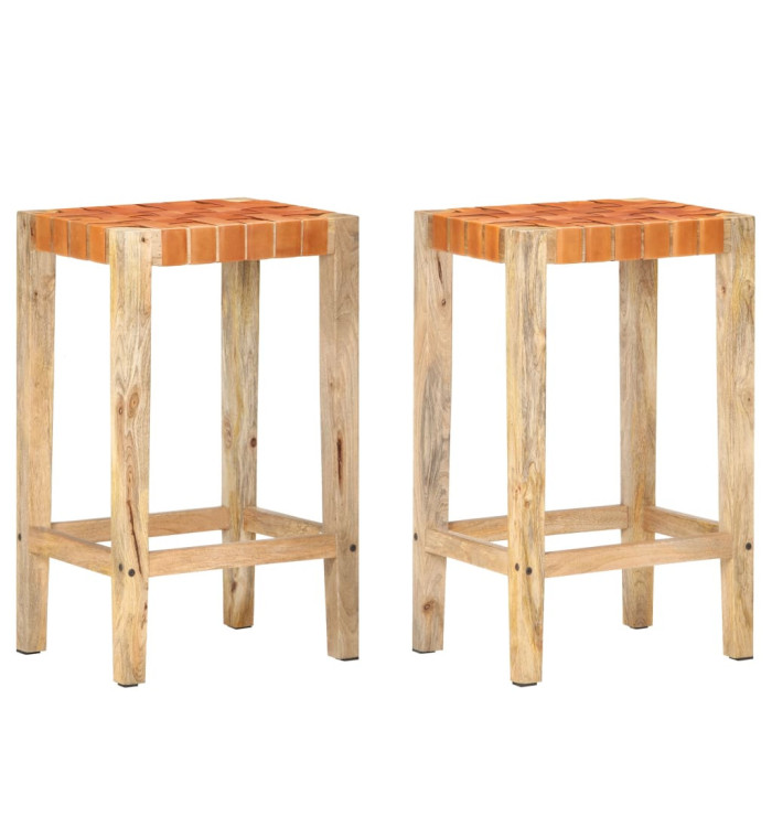 Tabourets de bar lot de 2 marron cuir véritable 75 cm | Mobilier & Déco