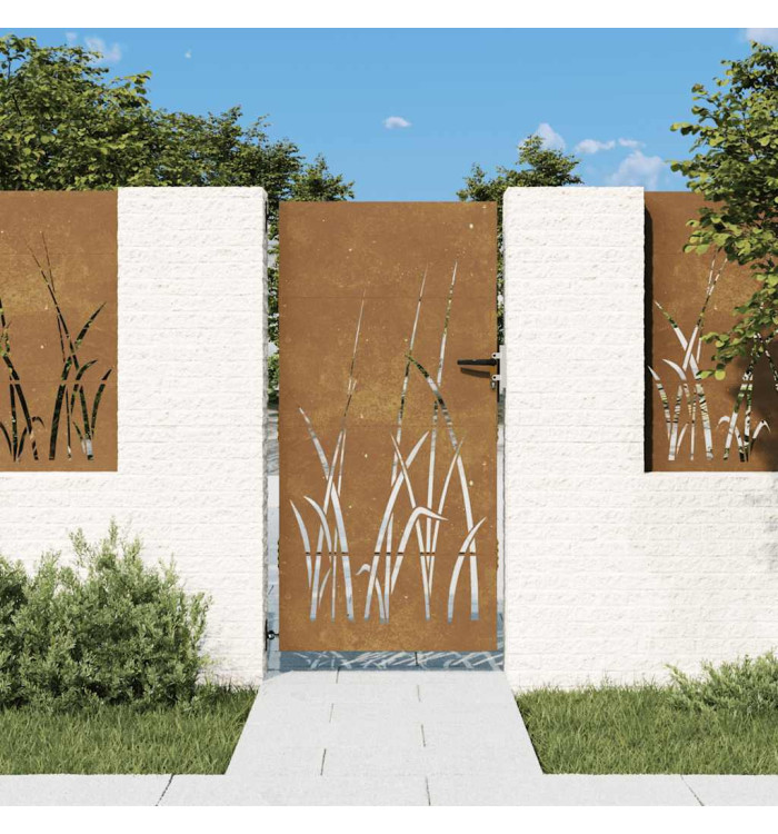 Portail de jardin 85x200 cm acier corten conception d'herbe | Mobilier & Déco