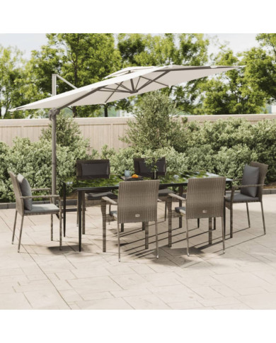 Ensemble à manger jardin et coussins 7 pcs Noir et gris Rotin | Mobilier & Déco