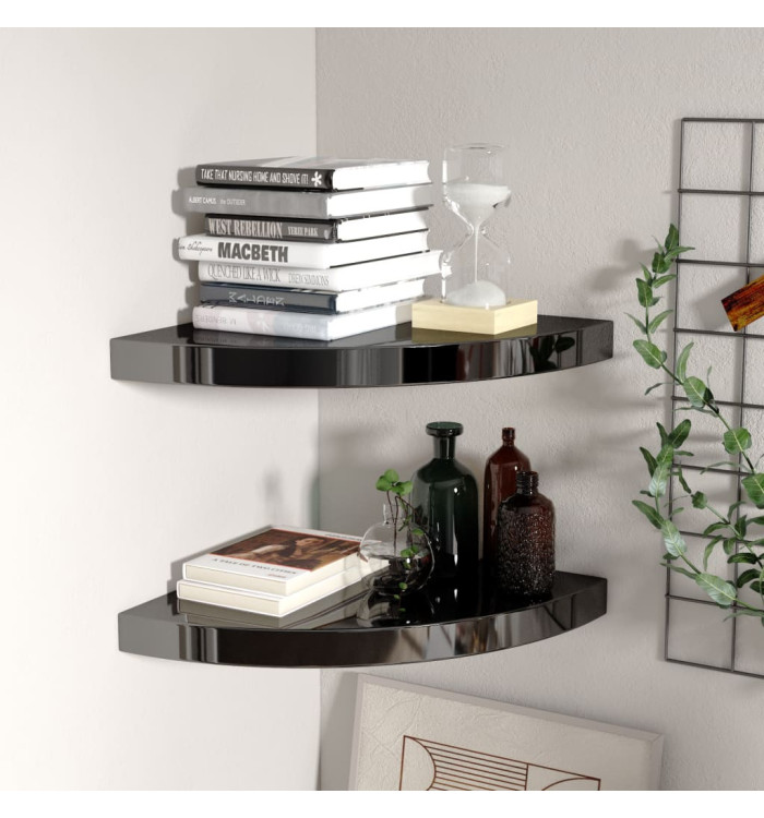 Étagères d'angle flottantes 2pcs noir brillant 35x35x3,8 cm MDF | Mobilier & Déco