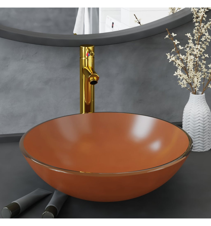 Lavabo de bain avec robinet et drain à poussoir Verre trempé | Mobilier & Déco