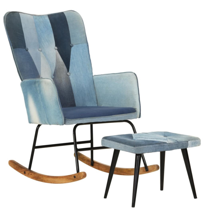 Chaise à bascule avec repose-pied Denim Bleu Toile patchwork | Mobilier & Déco