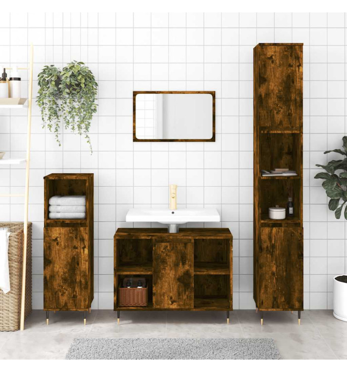 Armoire de bain chêne fumé 30x30x100 cm bois d'ingénierie | Mobilier & Déco