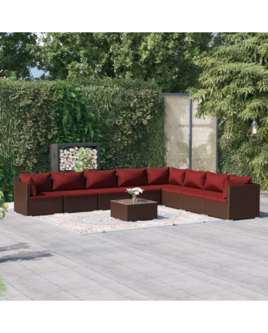 Salon de jardin 9 pcs avec coussins résine tressée marron | Mobilier & Déco