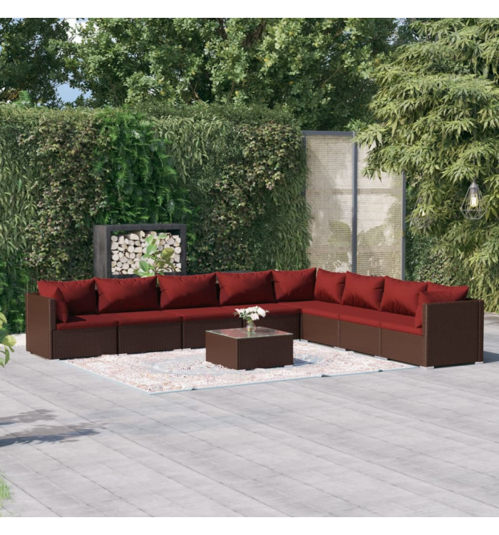 Salon de jardin 9 pcs avec coussins résine tressée marron | Mobilier & Déco