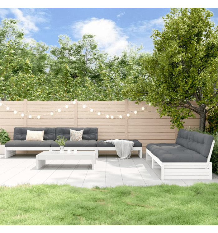 Salon de jardin 6 pcs avec coussins blanc bois massif | Mobilier & Déco