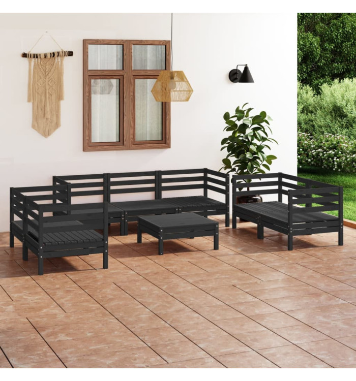 Salon de jardin 8 pcs Noir Bois de pin massif | Mobilier & Déco