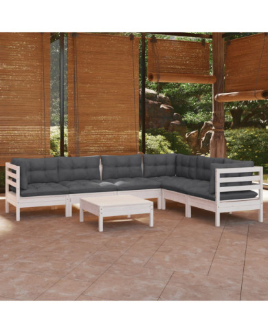 Salon de jardin 7 pcs avec coussins blanc bois de pin massif | Mobilier & Déco