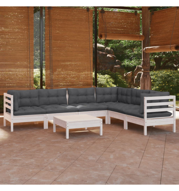 Salon de jardin 7 pcs avec coussins blanc bois de pin massif | Mobilier & Déco