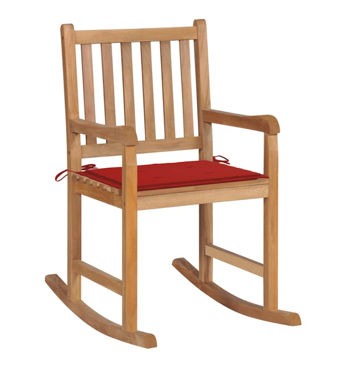 Chaise à bascule avec coussin rouge Bois de teck solide | Mobilier & Déco