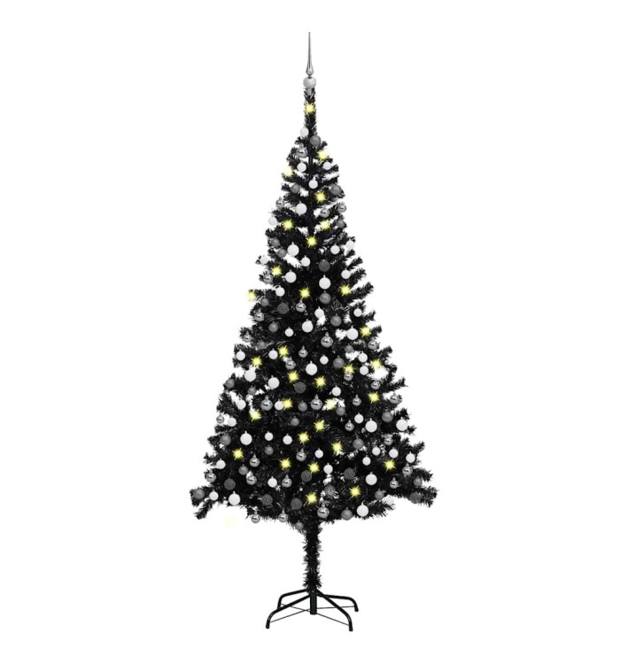 Arbre de Noël artificiel pré-éclairé et boules noir 240 cm PVC | Mobilier & Déco