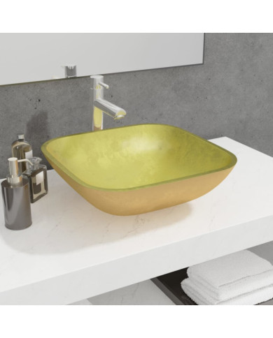 Lavabo Verre 42x42x14 cm Doré | Mobilier & Déco