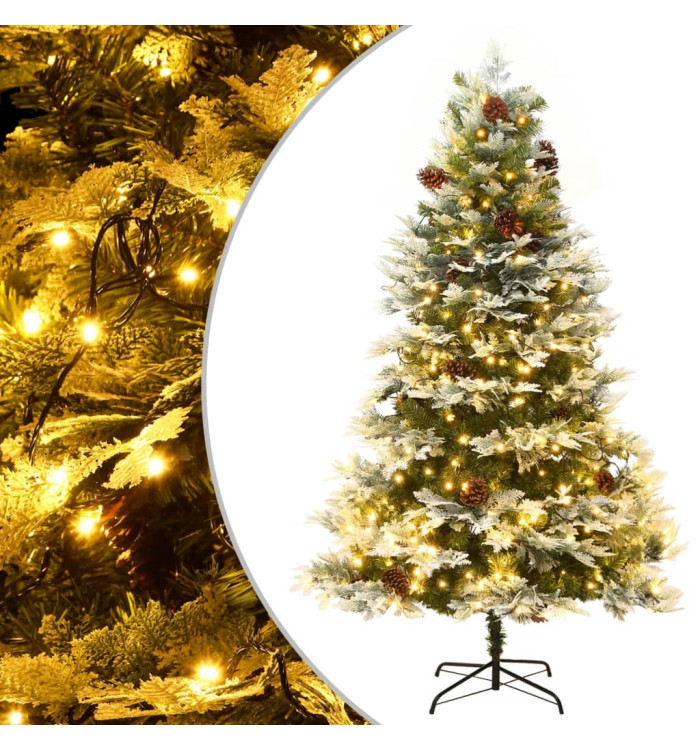 Sapin de Noël pré-éclairé et pommes de pin vert 225cm PVC et PE | Mobilier & Déco