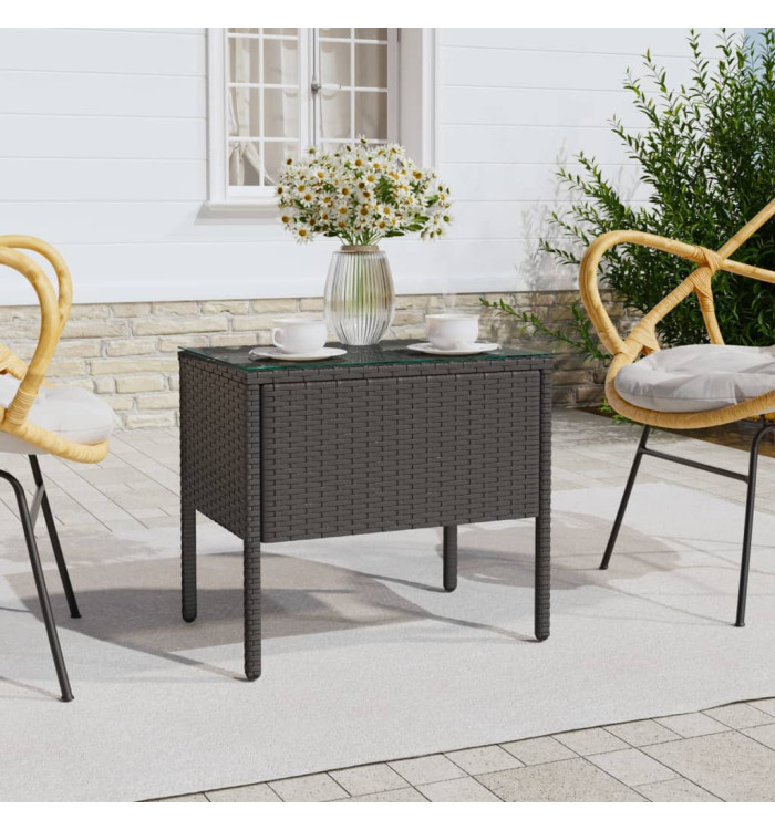 Table d'appoint noir 53x37x48 cm poly rotin et verre trempé | Mobilier & Déco