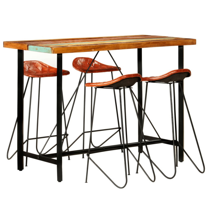 Ensemble de bar 5 pcs Bois de récupération et cuir véritable | Mobilier & Déco