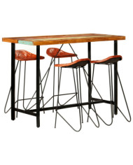 Ensemble de bar 5 pcs Bois de récupération et cuir véritable | Mobilier & Déco