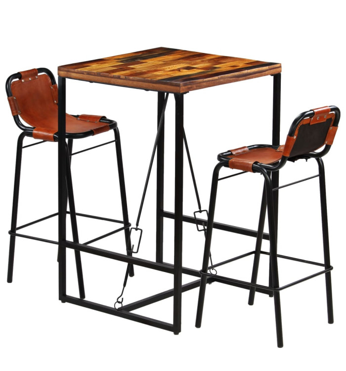 Ensemble de bar 3 pcs Bois massif recyclé et cuir de chèvre | Mobilier & Déco