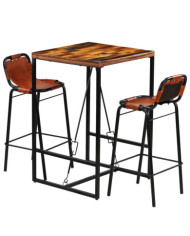 Ensemble de bar 3 pcs Bois massif recyclé et cuir de chèvre | Mobilier & Déco