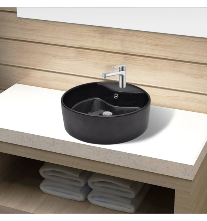 Vasque rond à trou robinet/trop-plein céramique pour salle de bain | Mobilier & Déco