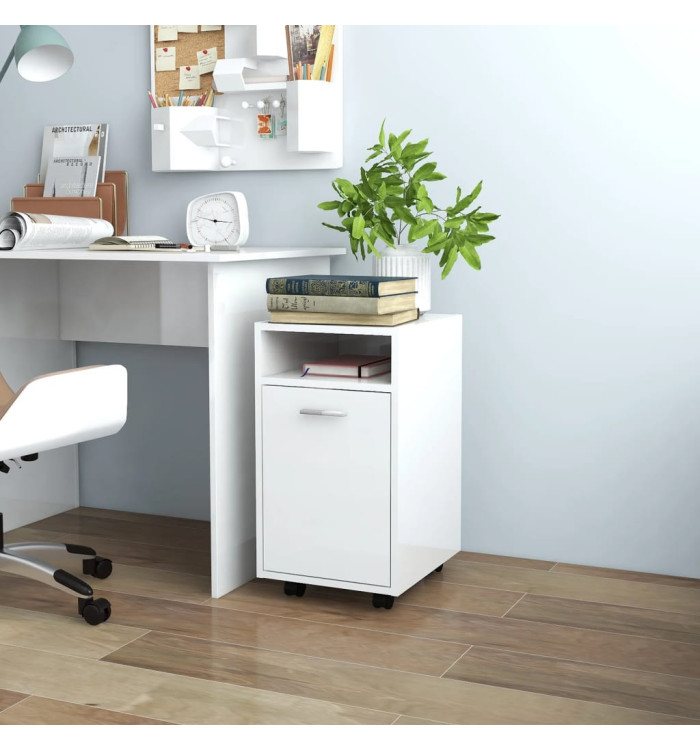 Armoire latérale avec roues Blanc brillant Bois d'ingénierie | Mobilier & Déco