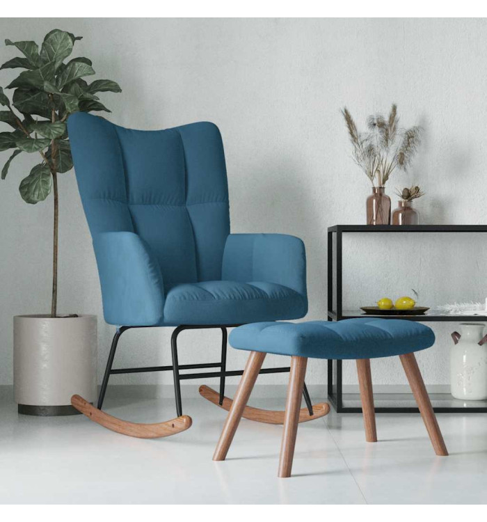 Chaise à bascule avec repose-pied Bleu Velours | Mobilier & Déco