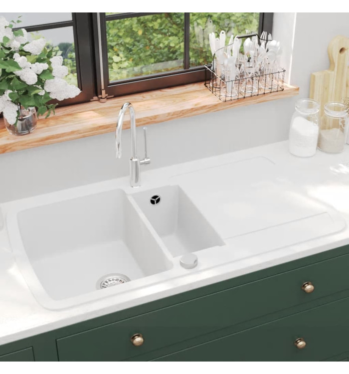 Évier de cuisine Granit Double lavabo Blanc | Mobilier & Déco