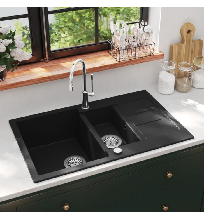 Évier de cuisine en granit Double bac Noir | Mobilier & Déco