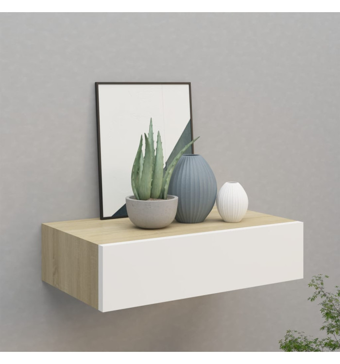 Étagère à tiroir murale chêne et blanc 40x23,5x10 cm MDF | Mobilier & Déco