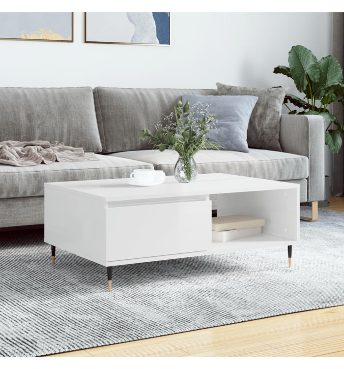 Table basse blanc brillant 90x60x35 cm bois d'ingénierie | Mobilier & Déco