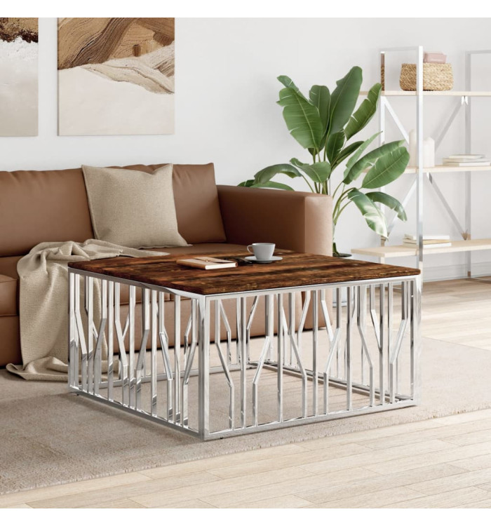 Table basse argenté acier inoxydable/bois massif récupération | Mobilier & Déco