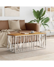 Table basse argenté acier inoxydable et bois massif d'acacia | Mobilier & Déco