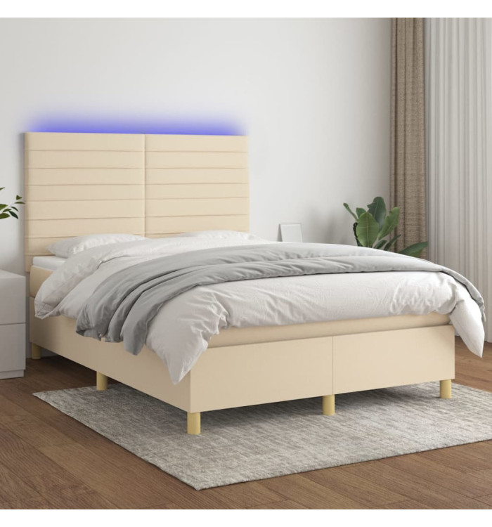 Sommier à lattes de lit et matelas et LED Crème 140x200cm Tissu | Mobilier & Déco