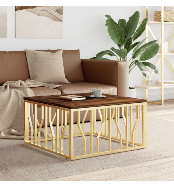 Table basse doré acier inoxydable et bois massif récupération | Mobilier & Déco