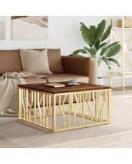 Table basse doré acier inoxydable et bois massif récupération | Mobilier & Déco