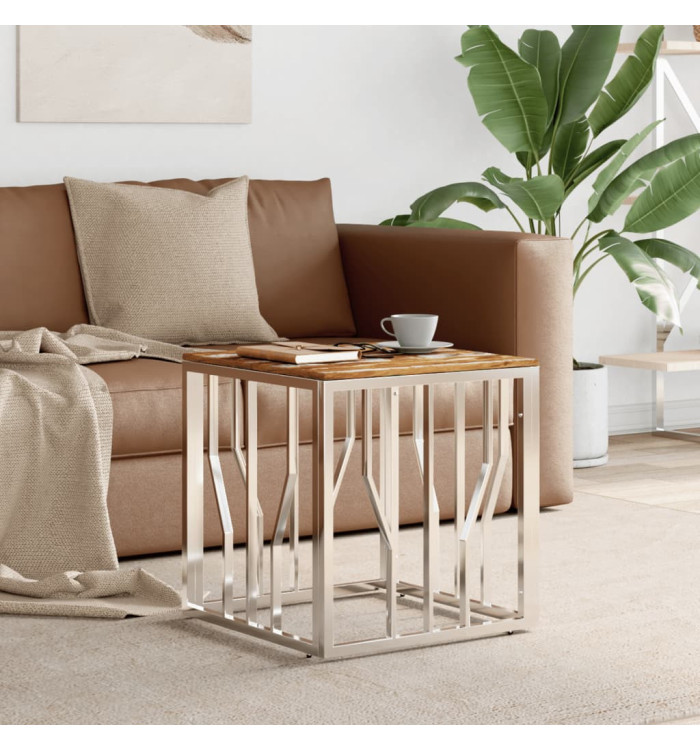 Table basse argenté acier inoxydable/bois massif récupération | Mobilier & Déco