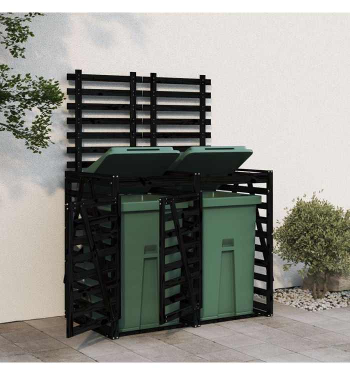 Abri pour poubelle double sur roulettes noir bois massif de pin | Mobilier & Déco