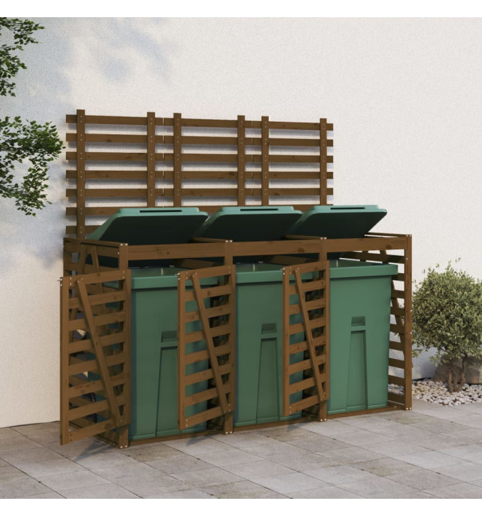 Abri pour poubelle triple sur roulettes marron miel bois pin | Mobilier & Déco