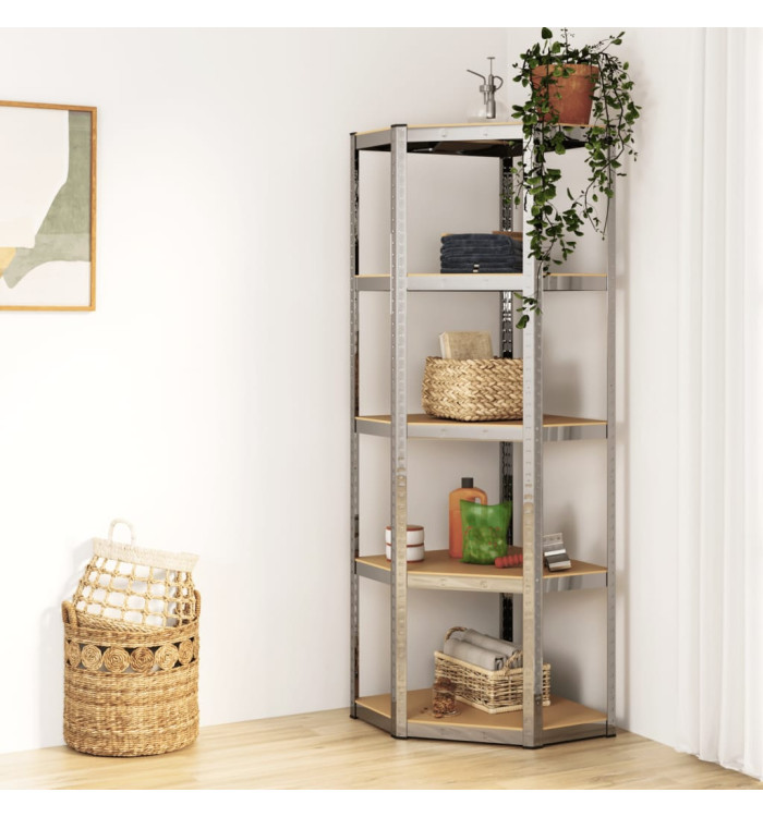 Étagère d'angle à 5 niveaux Argenté Acier et bois d'ingénierie | Mobilier & Déco