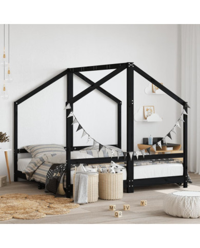 Cadre de lit pour enfant noir 2x(80x160) cm bois de pin massif | Mobilier & Déco