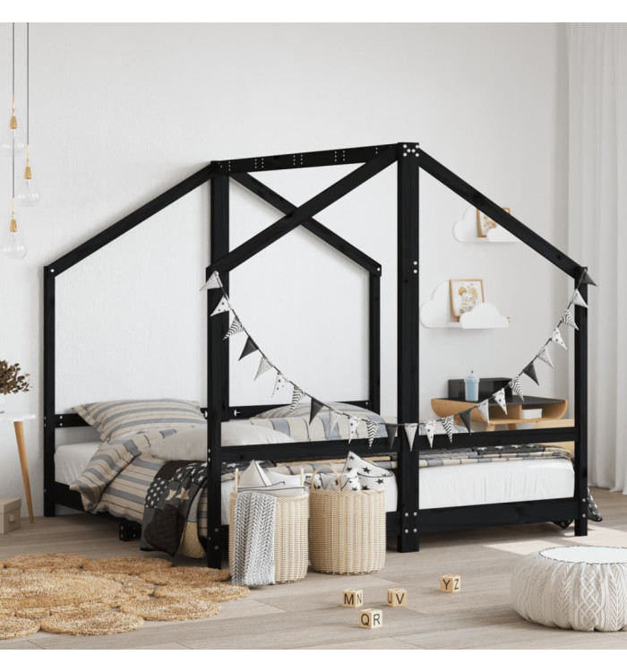Cadre de lit pour enfant noir 2x(80x160) cm bois de pin massif | Mobilier & Déco