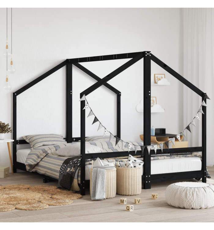Cadre de lit pour enfants noir 2x(80x200) cm bois de pin massif | Mobilier & Déco