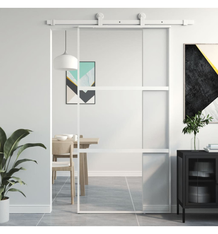 Porte coulissante blanc 102,5x205 cm verre trempé aluminium | Mobilier & Déco
