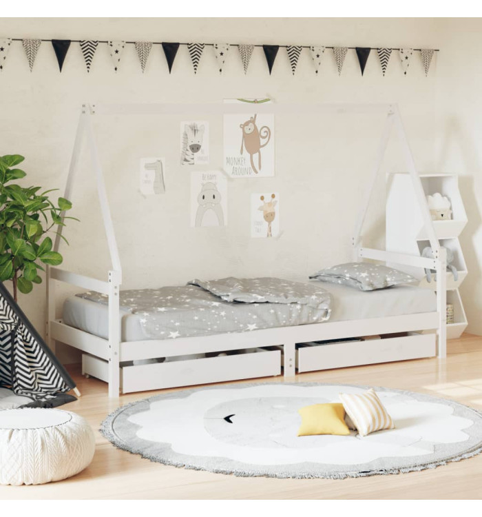 Cadre de lit enfant tiroirs blanc 90x200 cm bois de pin massif | Mobilier & Déco