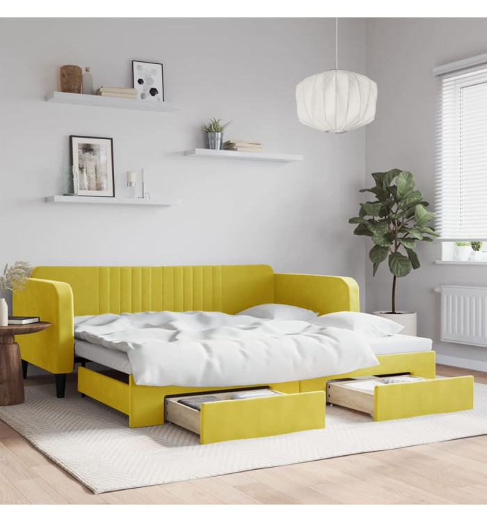 Lit de jour avec gigogne et tiroirs jaune 100x200 cm velours | Mobilier & Déco