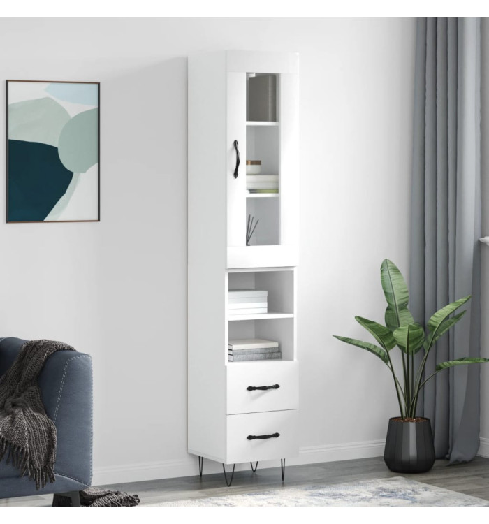 Buffet haut Blanc brillant 34,5x34x180 cm Bois d'ingénierie | Mobilier & Déco