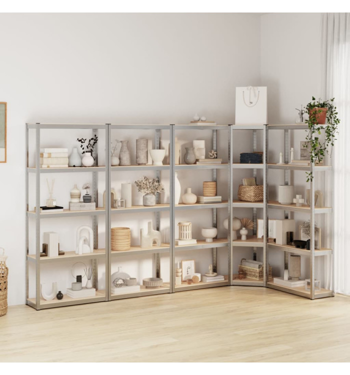 Étagères à 5 niveaux 5 pcs Argenté Acier et bois d'ingénierie | Mobilier & Déco