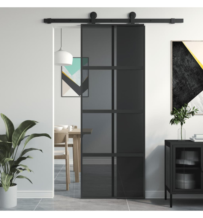 Porte coulissante noir 76x205 cm verre trempé aluminium | Mobilier & Déco