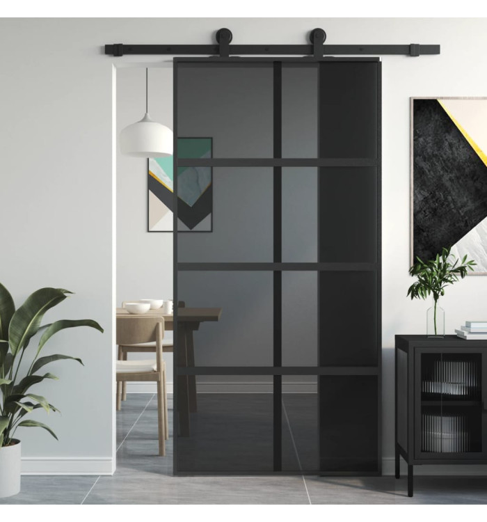 Porte coulissante noir 102,5x205 cm verre trempé aluminium | Mobilier & Déco