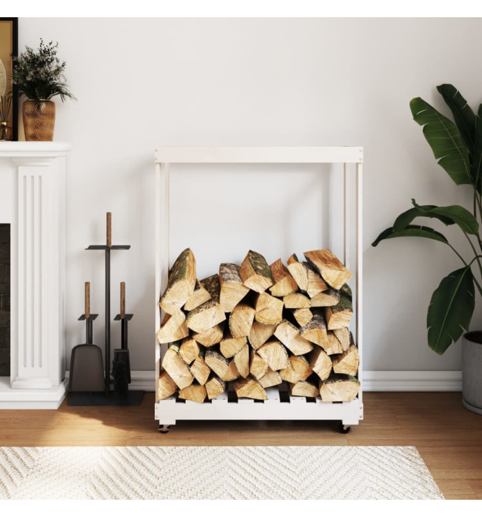 Porte-bûches avec roulettes blanc 76,5x40x108cm bois massif pin | Mobilier & Déco