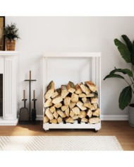 Porte-bûches avec roulettes blanc 76,5x40x108cm bois massif pin | Mobilier & Déco